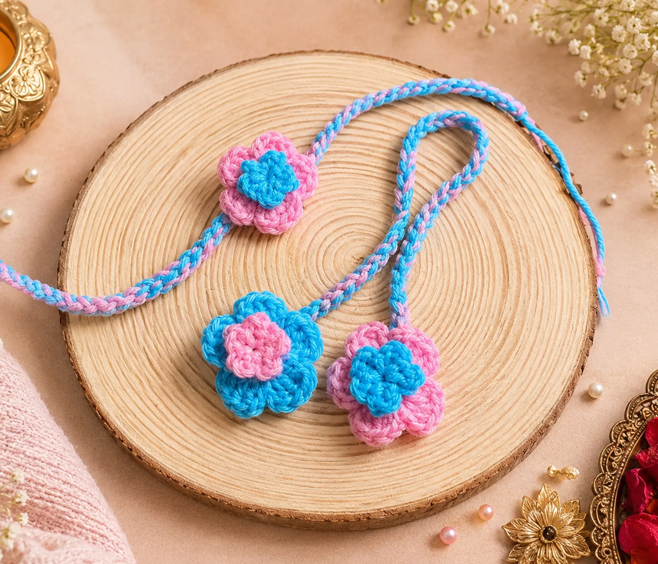 Pastel Blooms: Hand-Crocheted Bhaiya-Bhabhi Rakhi Set